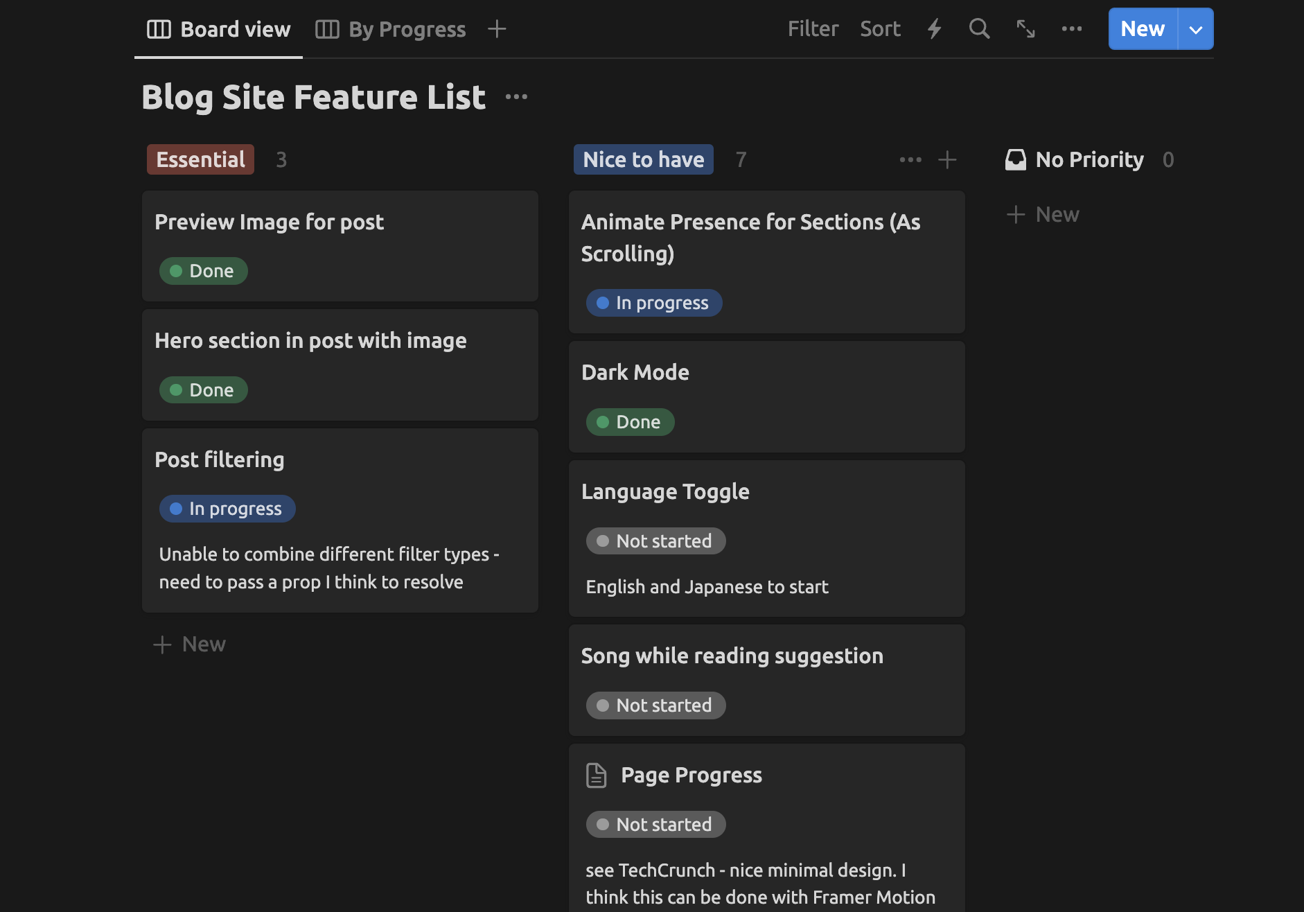 screenshot of notion feature list board